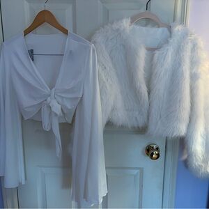 Elegant White Tie-Front Blouse and Faux Fur Jacket Set